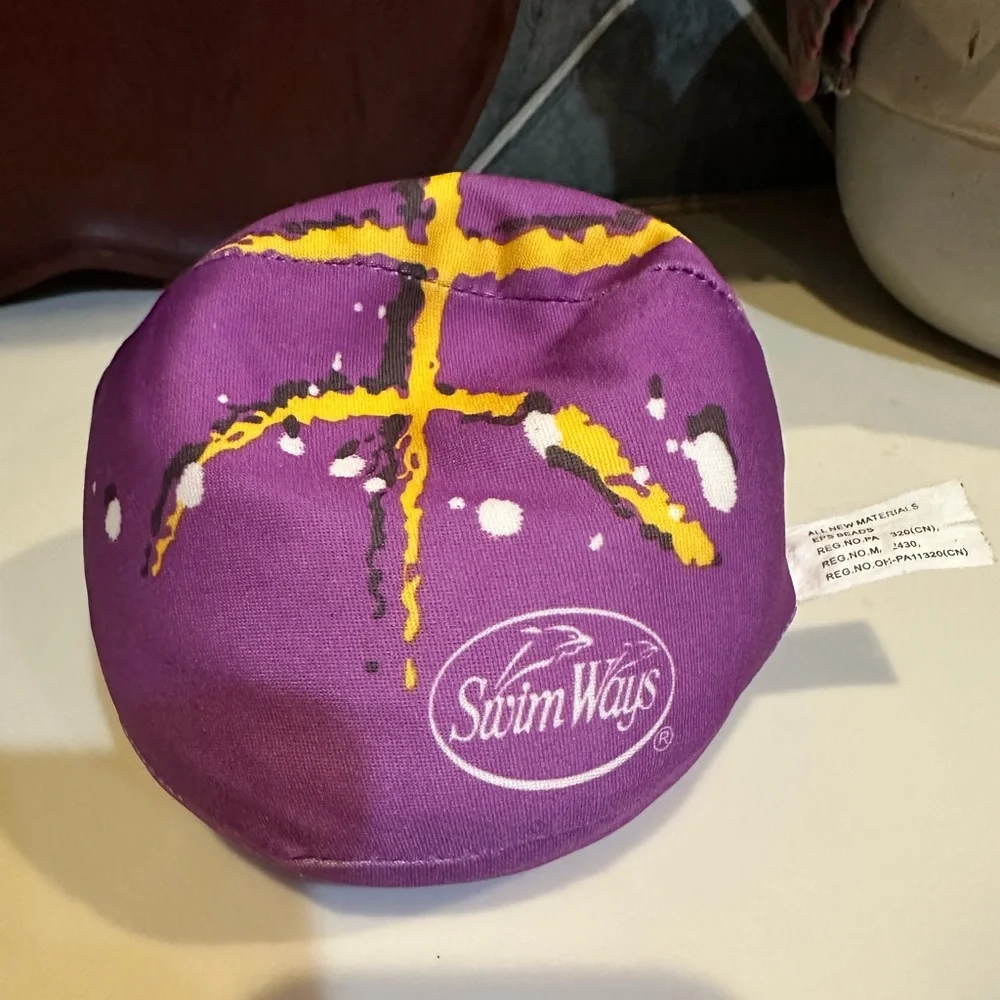 SWIM WAYS POOL PLAY EPS BEADS BALL PURPLE YELLOW FOOTBALL GAME SPLASH TOY 5.5”